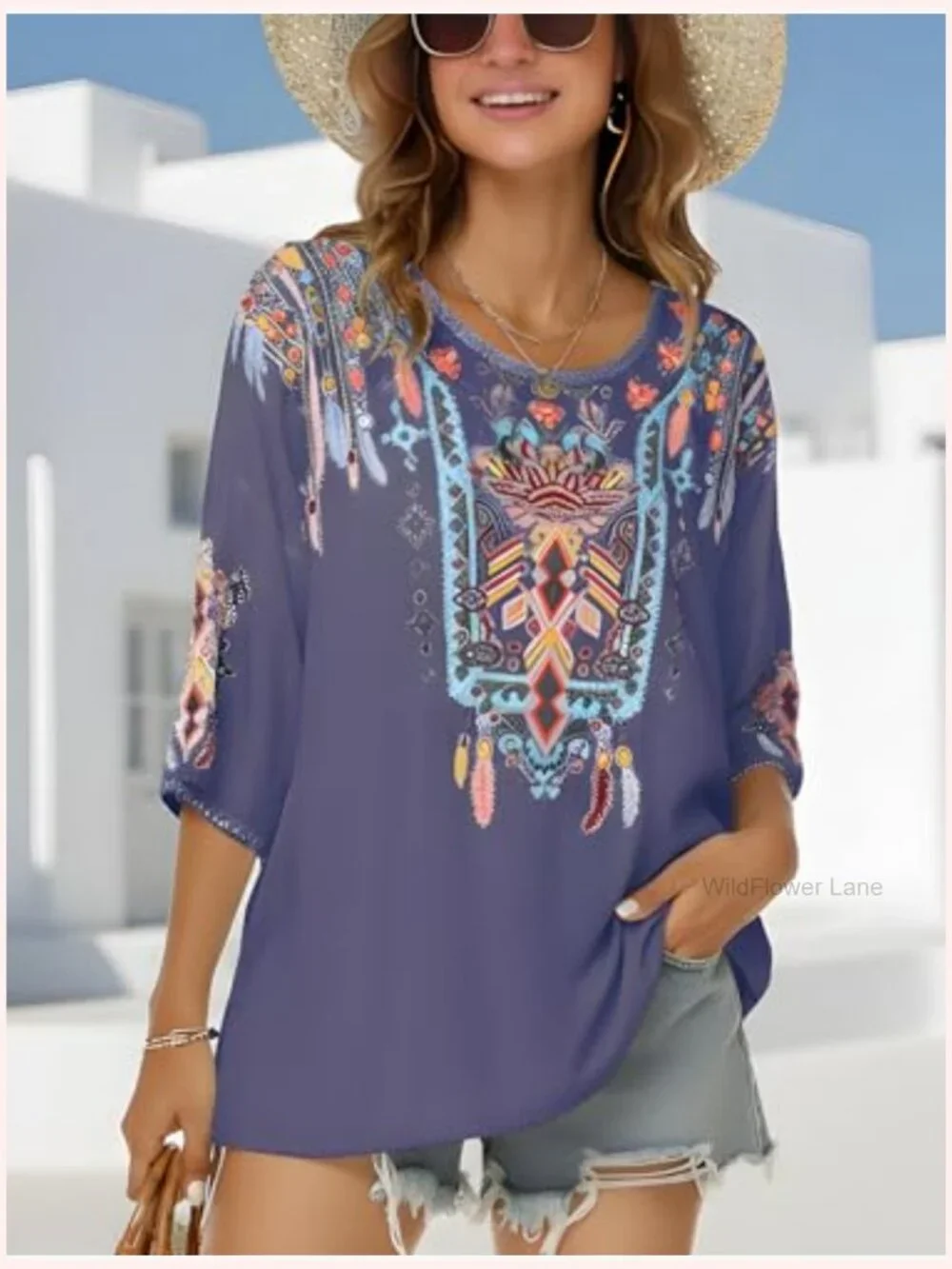 Mexican Embroidered Bohemian Tunic Top 3/4 Sleeve Rayon Plus Size - Picture 3 of 5